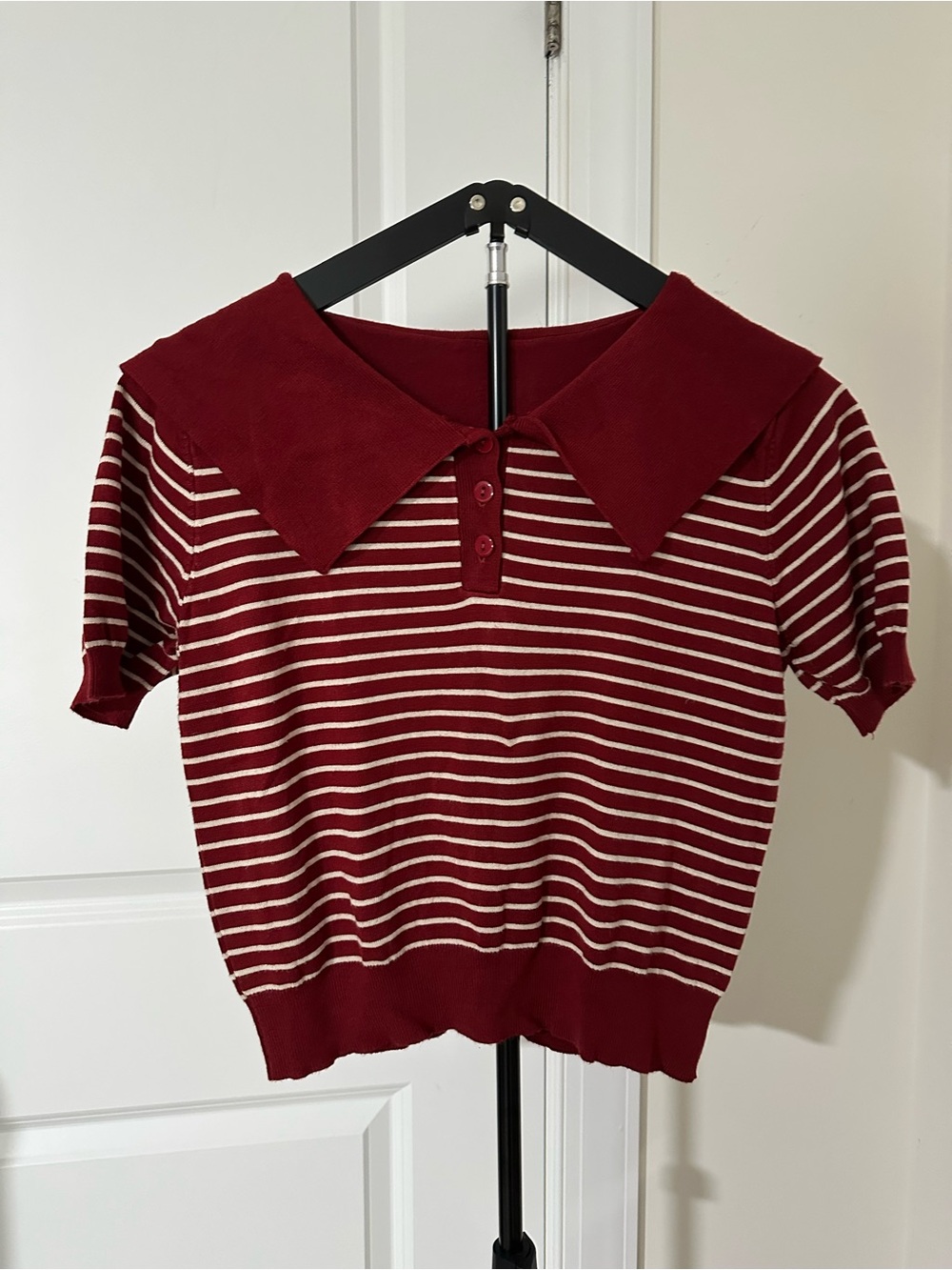 Striped Red Wide-Collar Knit Top